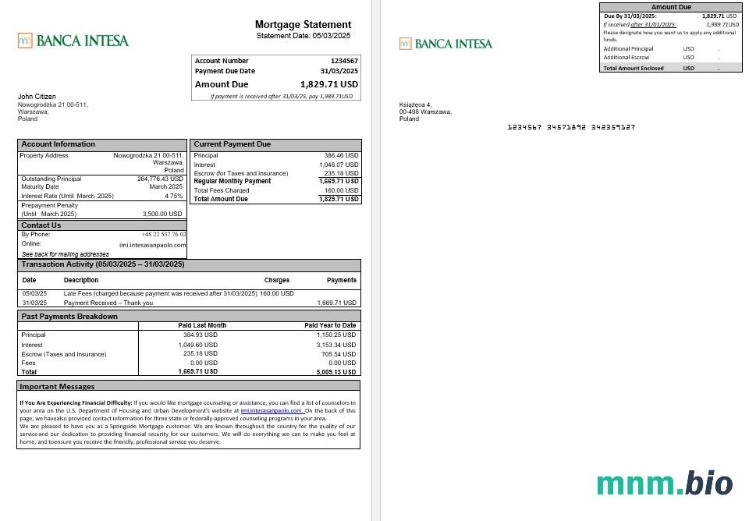 Polska Banca Intesa wyciąg z kredytu hipotecznego w formatach Word i PDF